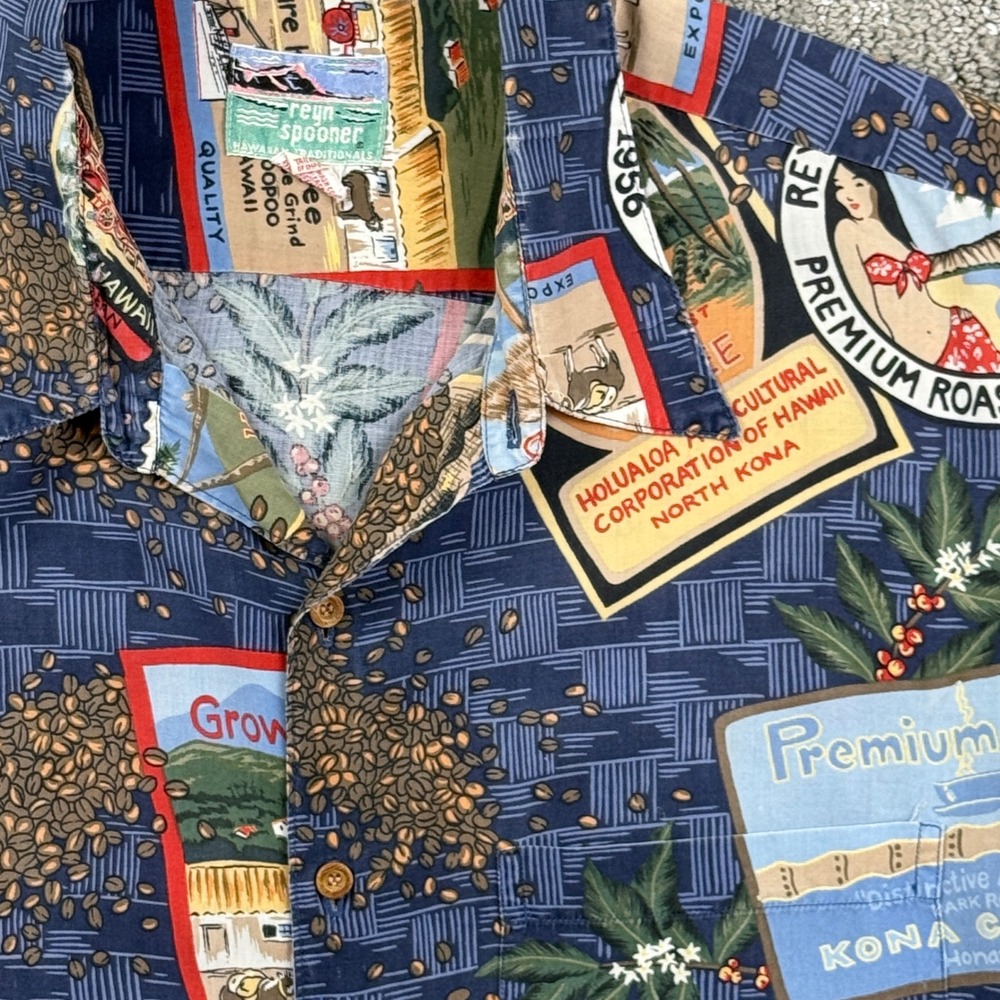 Reyn Spooner Kona Coffee Shirt Mens XL Blue Rayon Hawaiian Aloha Vintage Style